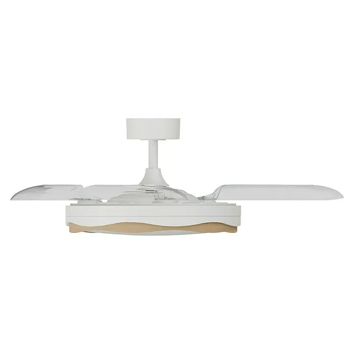 Arte confort Ventilador de techo Tuvan M - Blanco/Madera, 107 cm, 29,8 W, Blanco cálido - Primer plano de un elegante ventilador de techo blanco con palas transparentes y detalles en madera clara. Estilo moderno y buen acabado.