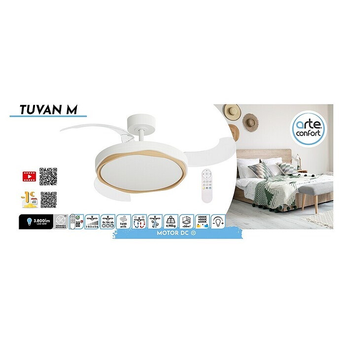 Arte confort Ventilador de techo Tuvan M (Blanco/Madera, 107 cm, 29,8 W, Blanco cálido) | BAUHAUS