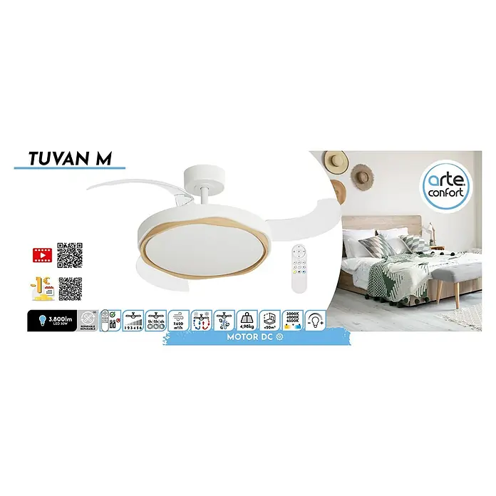 Arte confort Ventilador de techo Tuvan M - Blanco/Madera, 107 cm, 29,8 W, Blanco cálido - Ventilador de techo TUVAN M de Arteconfort en blanco con mando a distancia e iluminación LED para un clima ambiente agradable.