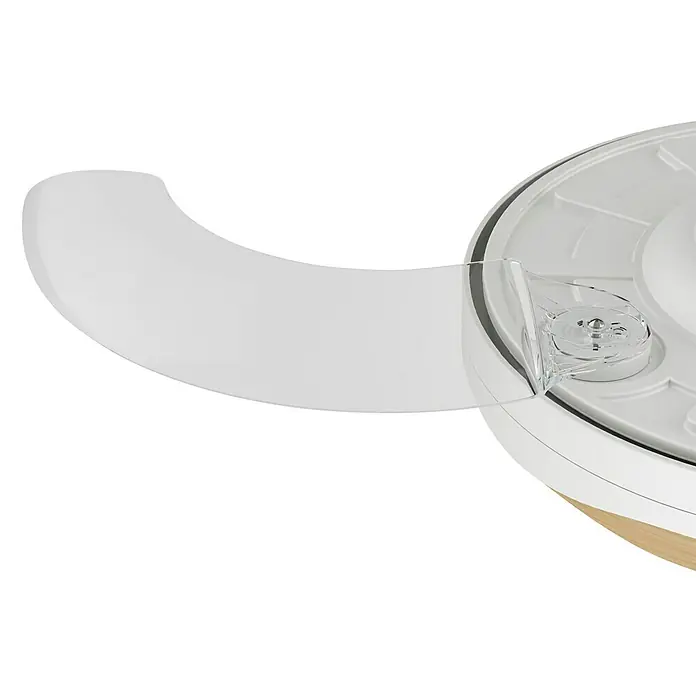 Arte confort Ventilador de techo Tuvan M - Blanco/Madera, 107 cm, 29,8 W, Blanco cálido - Primer plano de un dispositivo electrónico redondo y blanco con un brazo curvo transparente, ideal para amantes de la cocina.