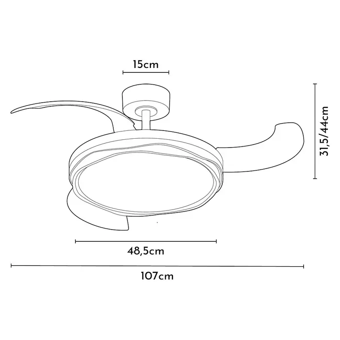 Arte confort Ventilador de techo Tuvan M - Blanco/Madera, 107 cm, 29,8 W, Blanco cálido - Diagrama de un ventilador de techo con dimensiones: 15cm, 31,5/44cm, 48,5cm y 107cm.