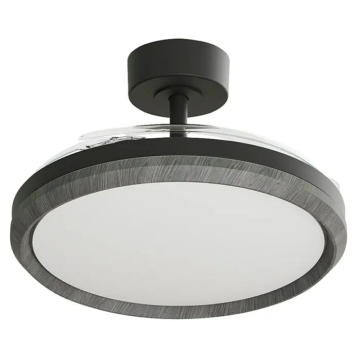 Arte confort Ventilador de techo Haze M - Negro, 107 cm, 29,8 W, Blanco cálido - Un ventilador de techo redondo con luz LED integrada y carcasa con aspecto de madera. El diseño es elegante y moderno.