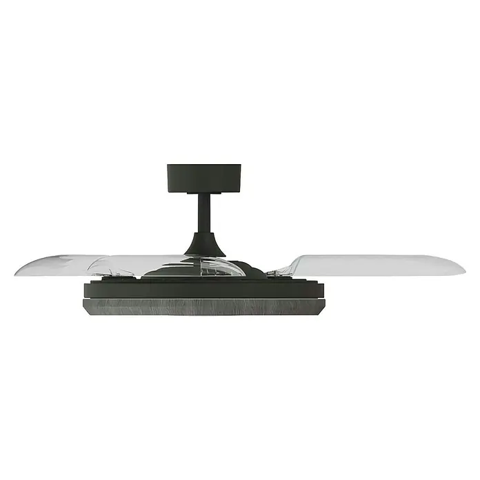 Arte confort Ventilador de techo Haze M - Negro, 107 cm, 29,8 W, Blanco cálido - Primer plano de un moderno ventilador de techo con aspas transparentes y un elegante acabado oscuro, que muestra una elegante solución de iluminación.