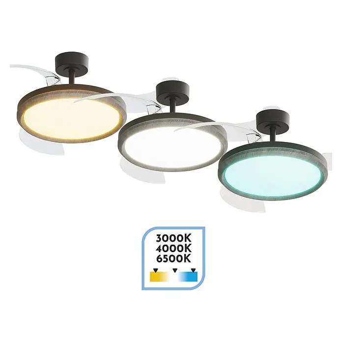Arte confort Ventilador de techo Haze M - Negro, 107 cm, 29,8 W, Blanco cálido - Imagen de una lámpara de techo con temperatura de color ajustable. Se demuestran las temperaturas de color 3000K, 4000K y 6500K.