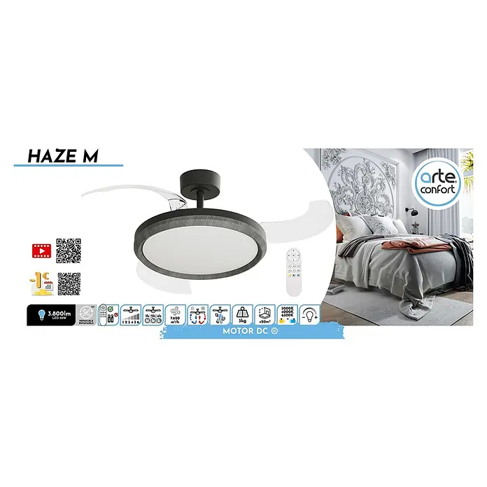 Arte confort Ventilador de techo Haze M - Negro, 107 cm, 29,8 W, Blanco cálido - La imagen muestra un moderno ventilador de techo Haze M con iluminación LED, control remoto y varias funciones.