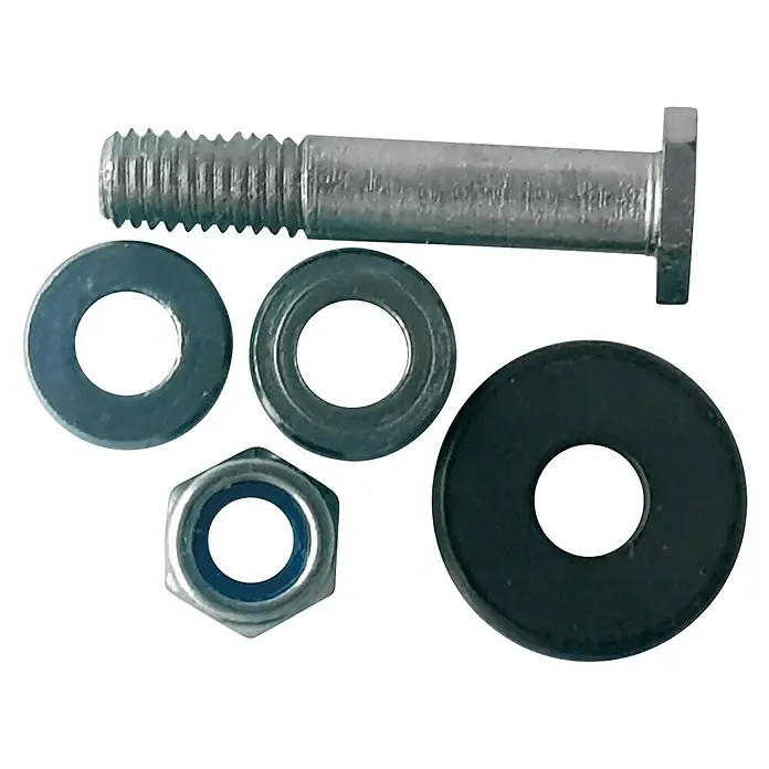Heka Ruedecita de recambio - Apto para: Magic Cut, Cortador de baldosas - Una vista cercana de un perno con tornillo, tuercas y arandelas que se utilizan típicamente en aplicaciones mecánicas.