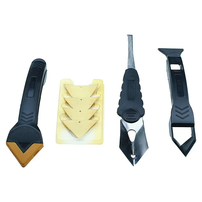 Heka Kit para juntas de silicona - 7 pzs. - Juego de herramientas para quitar silicona HEKA, ideal para eliminar juntas de silicona. Incluye varios accesorios para un trabajo preciso y resultados limpios.