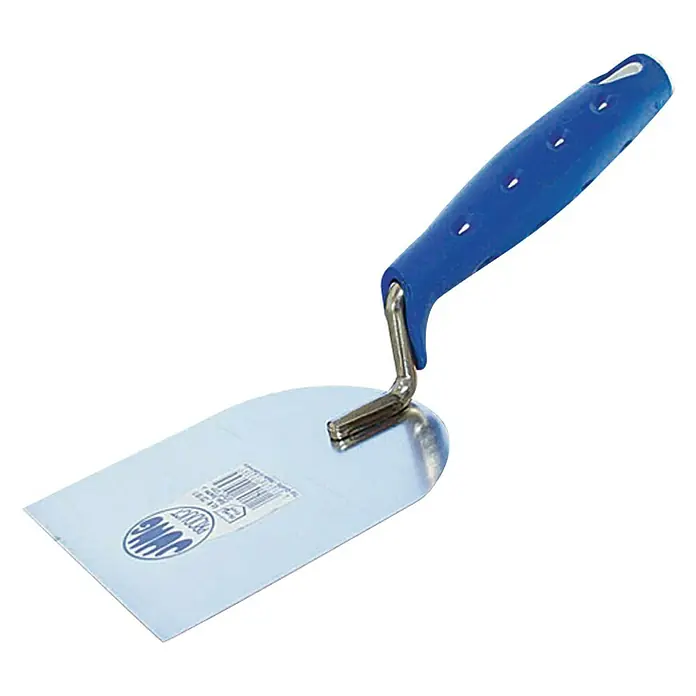 Jung Product Stukkateurspachtel - 100 mm, Qualitätsstahl rostfrei - Nahaufnahme einer Maurerkelle mit blauem Griff und silberner Klinge, die für Bau- und Renovierungsarbeiten verwendet wird.