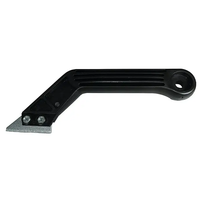 Heka Rasqueta para juntas - Anchura de hoja: 5 cm - Primer plano de una herramienta para eliminar lechada con mango negro y hoja gris, utilizada para quitar la lechada.