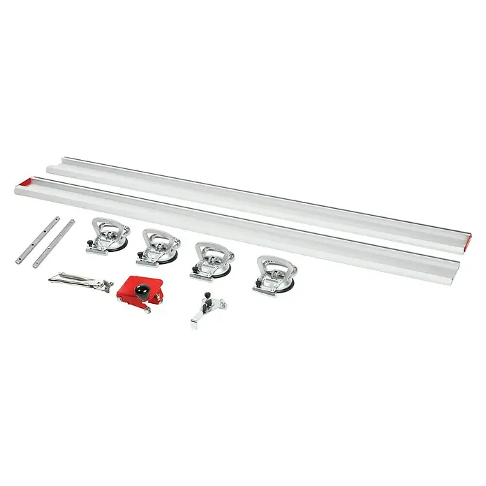 Heka Cortador manual de azulejos ThinCut - Apto para: Cerámica y placas de vidrio finos, Longitud de corte máx.: 3.000 mm - La imagen muestra un sistema de corte de baldosas, con dos guías, ventosas, una unidad de control y accesorios para cortes precisos.
