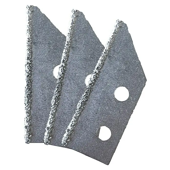 Heka Ersatzblatt für Fugenreiniger - 3 Stk., Hartmetall - Nahaufnahme von drei silbernen Trapezklingen mit gezackten Kanten und Löchern. Sie sind ideal für Schneidarbeiten und vielseitig.