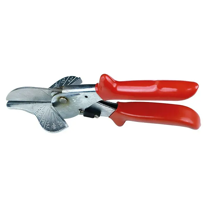 Heka Tijera de inglete - Acero - Primer plano de una cizalla de inglete con mangos rojos, utilizada para cortar materiales en varios ángulos con indicadores marcados.