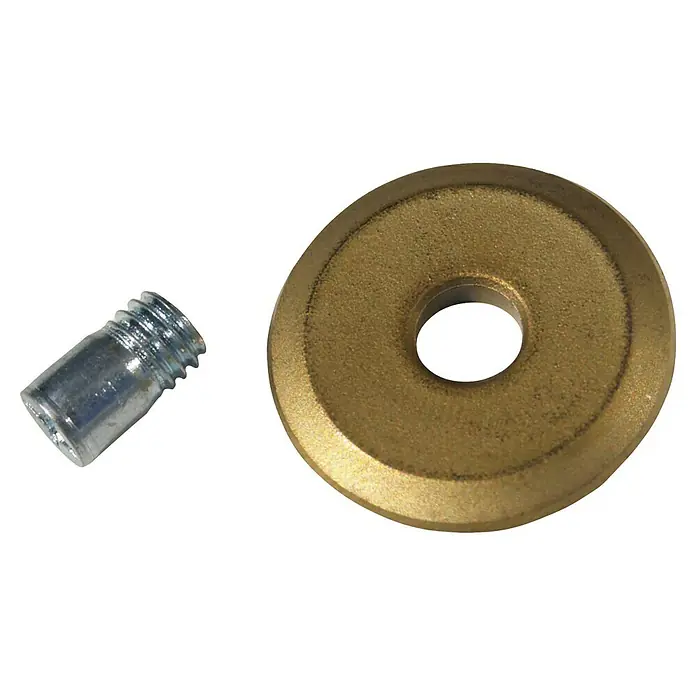 Heka Ruedecita de recambio TITAN - 20 x 5 x 3 mm, Dorado - Primer plano de una piedra de esmerilar dorada y un tornillo, ambos utilizados para trabajos de esmerilado de precisión.