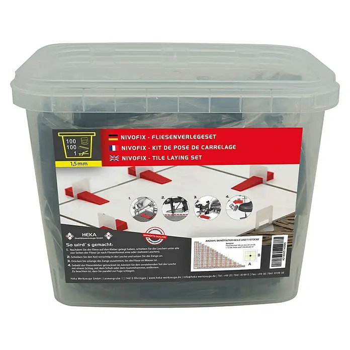 Heka Nivofix Nivelliersystem - 201 -tlg. - NIVOFIX Fliesenverlege-Set im Eimer. Das Set beinhaltet Keile und T-Stücke für die einfache und präzise Fliesenverlegung. Ideal für Heimwerker.