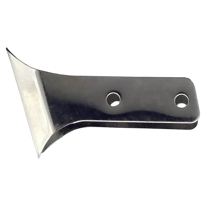 Heka Hoja de repuesto para cuchillas para juntas - Acero para muelle - Primer plano de un rascador brillante con hoja plateada y mango negro con dos agujeros, ideal para tareas de limpieza precisas.