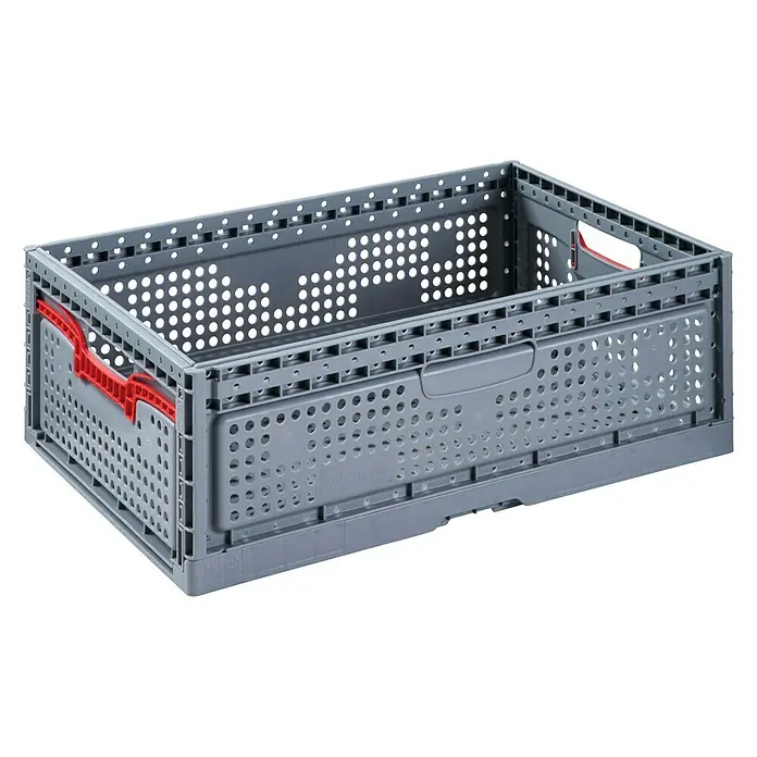 BAUHAUS Eurobox Faltbar - 39 l, L x B x H: 60 x 40 x 20 cm - Graue Kunststoff-Faltbox mit roten Griffen, ideal für Lagerung und Transport. Praktische und robuste Lösung.