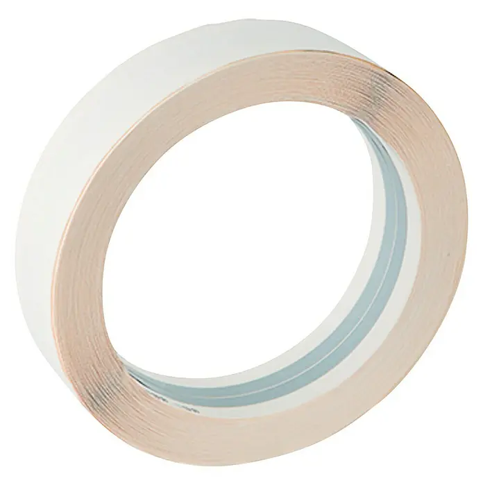 Placo Saint-Gobain Cinta guardavivos - 30 m x 51 mm - Primer plano de un rollo de tapacantos blanco, perfectamente enrollado para mostrar su funcionalidad y utilidad en carpintería.