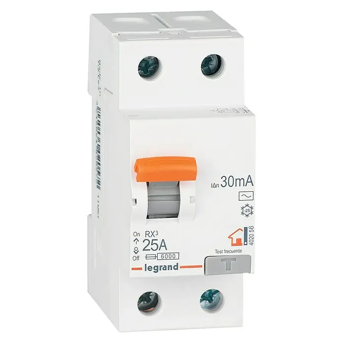 Legrand Interruptor FI/LS bipolar - 25 A, 30 mA, Número de polos: 2 - Un interruptor diferencial Legrand RX3 blanco con una palanca naranja y marcas como 25A y 30mA.