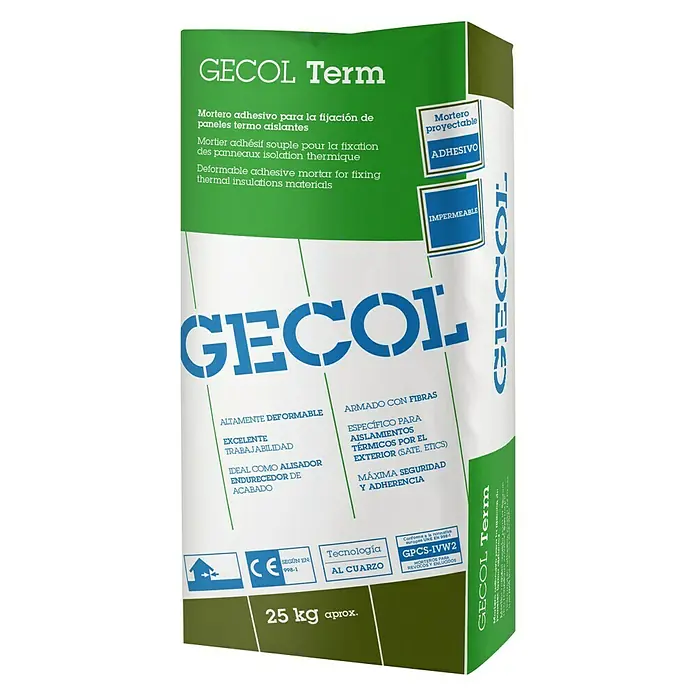 Gecol Mortero adhesivo Term - 25 kg - Imagen de un saco de mortero adhesivo GECOL Term, ideal para fijar paneles de aislamiento térmico y para aplicaciones exteriores.