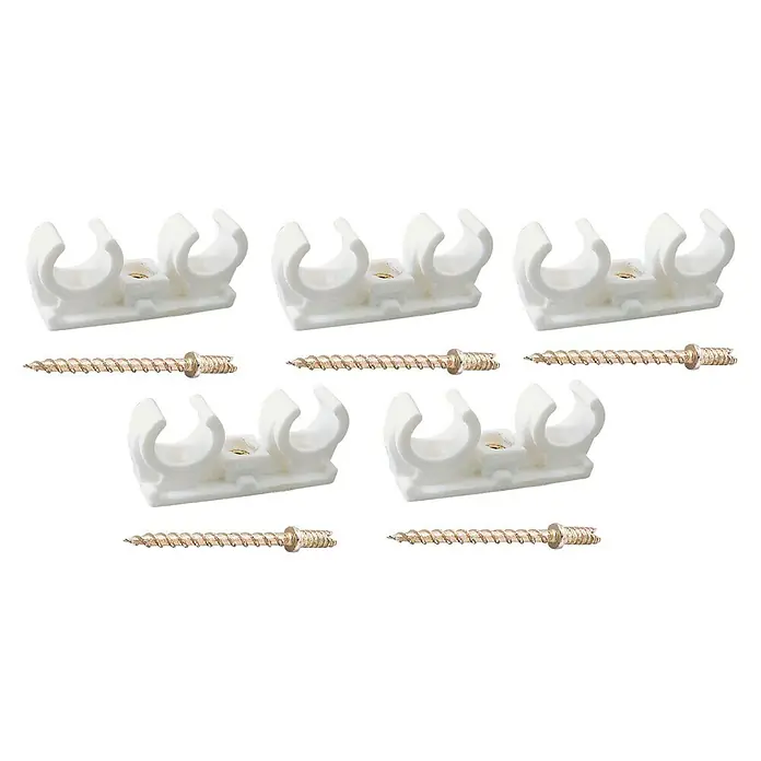 Set de clips dobles para tubos - 5 ud., Diámetro: 12 mm, Polipropileno - Cinco juegos de abrazaderas para tubos blancos, cada uno con dos abrazaderas y un tornillo, ideales para fijar tubos.