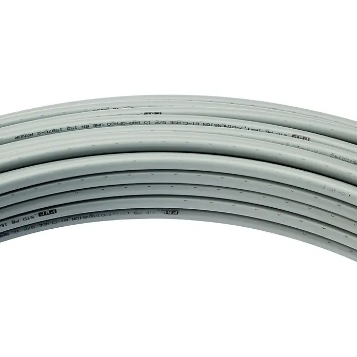 Tubo PB en rollo - 15 mm, 25 m - Vista detallada del tubo gris PBP marcado con "PBP STD PB 15*1.2-DIMENSION B1-CLASE S/P 10 BAR-OPACO UNE EN ISO 15876-2 AENOR".