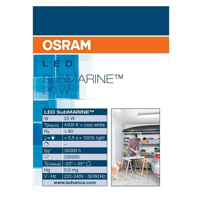 Osram LED-Feuchtraumlichtleiste Submarine - L x B x H: 120,6 x 6,7 x 7,5 cm, Lichtfarbe: Neutralweiß, 15 W, IP65 - Bild einer OSRAM LED SubMARINE™ 20W Leuchte mit technischen Daten, ideal für Keller und Garagen.