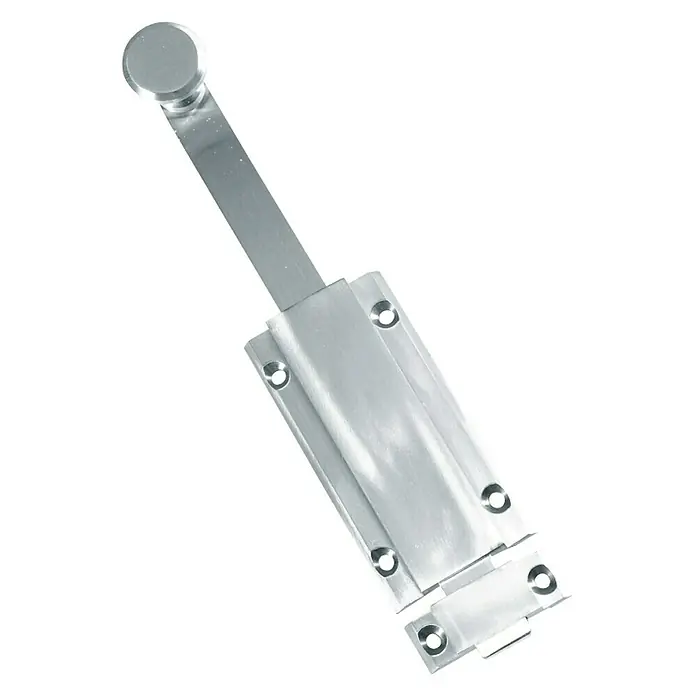 Micel Pestillo deslizante - Largo: 250 mm, Níquel - Este artículo muestra un cerrojo de puerta de metal plateado con un botón para el bloqueo. Ideal para mayor seguridad.