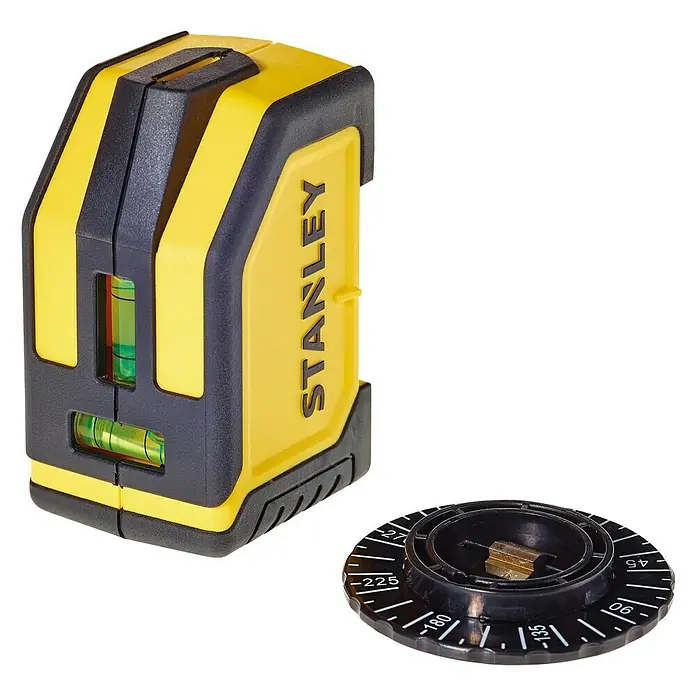 Stanley Láser de línea STHT1-77148 - Zona de trabajo máx.: 4,5 m - Láser de línea cruzada amarillo Stanley con detalles en negro junto a una base de montaje circular.