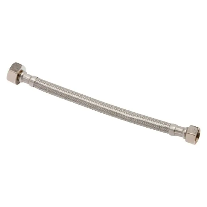 Flexo de conexión - ½″/⅜″, Largo: 20 cm, Hembra - Hembra - Conector flexible de grifo con trenzado de acero inoxidable y tuercas de latón para conexiones de fontanería fiables.