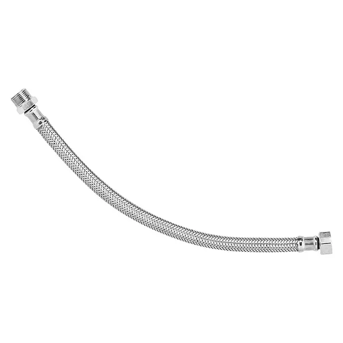Neoperl Flexo de conexión - ⅜″/⅜″, Largo: 50 cm, Macho - Hembra - En la imagen hay un conector flexible de acero inoxidable, ideal para aplicaciones de fontanería, sobre un fondo blanco.