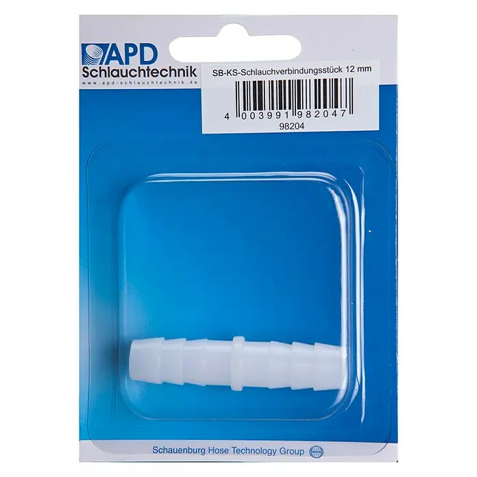 Petzetakis KS-Schlauchverbinder - Durchmesser: 12 mm - Abbildung eines SB-KS-Schlauchverbindungsstücks (12 mm) von APD Schlauchtechnik, verpackt in blauem Kunststoff.