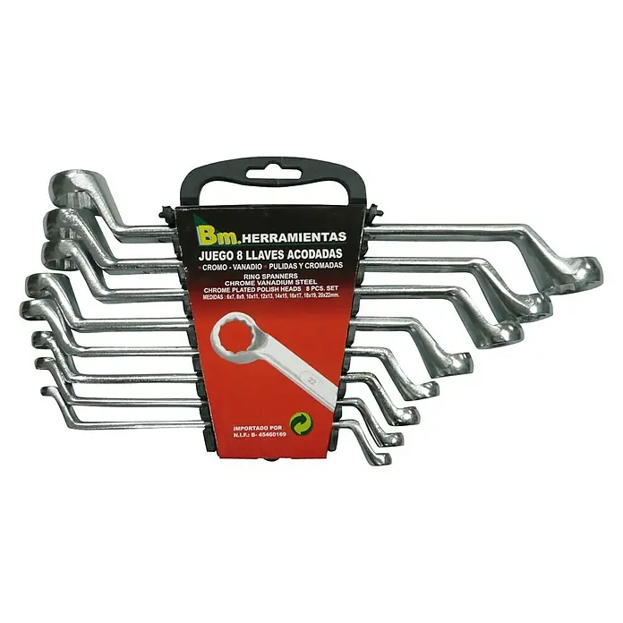 Juego de llaves acodadas - 8 pzs. - Juego de 8 llaves de anillo acodadas de acero cromo vanadio con cabezas pulidas, ideal para diversos trabajos de atornillado.