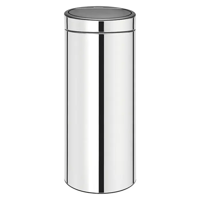 Brabantia Cubo de basura empotrado Touch bin - 30 l, Acero, Acero brillante - Un elegante cubo de basura cilíndrico de acero inoxidable con una tapa gris, perfecto para hogares modernos. Su diseño simple se fusiona perfectamente.