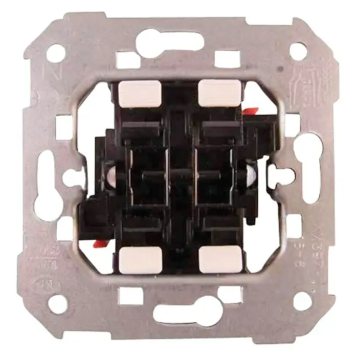 Simon 75 Mecanismo de conmutador doble - Montaje en superficie - Primer plano de un mecanismo modular cuadrado para interruptor de luz metálico, con cuatro teclas blancas y mecánica negra.