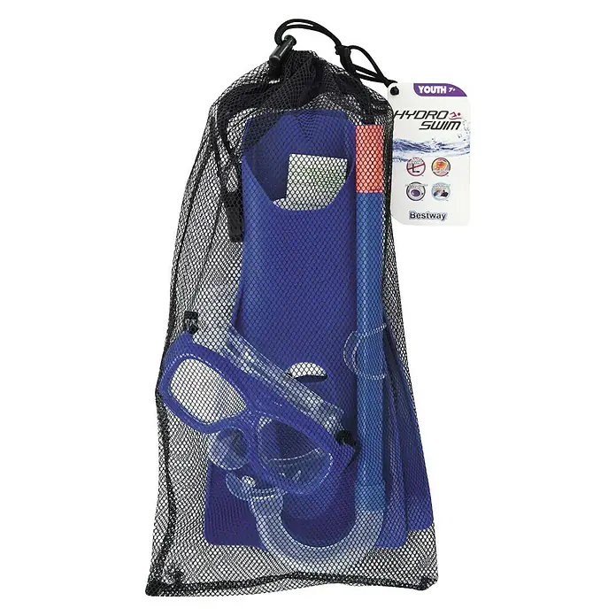 Bestway Set de buceo Sure Swim - Específico para: Niños a partir de 7 años, 3 pzs. - En la imagen se muestra un conjunto Hydro Swim juvenil de Bestway, que incluye gafas, esnórquel y aletas, empaquetado en una bolsa de malla.
