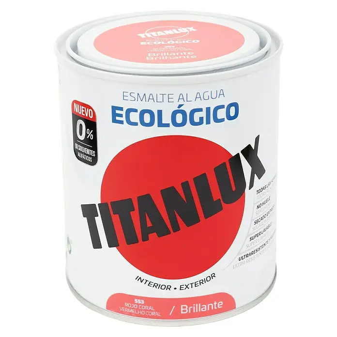 Titanlux Esmalte de color Eco - Rojo coral, Reluciente, 750 ml, Base de agua - Una lata de esmalte al agua Titanlux, ecológico y brillante, en color rojo coral. Apto para interior y exterior.