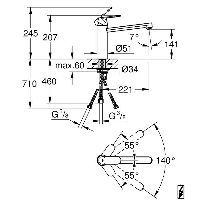 Grohe Spültischarmatur Eurosmart CosmopolitanNiederdruck, Chrom, Glänzend, Mittelhoher Auslauf Front View