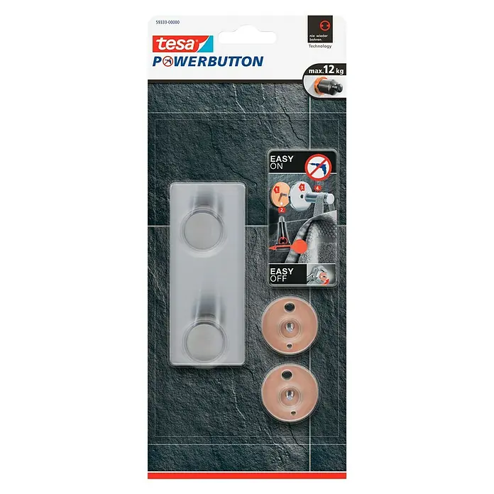 Tesa Powerbutton Doppelhaken Classic - Rechteckig, Edelstahl, Selbstklebend - Tesa Powerbutton: Wiederverwendbare Klebehaken mit starkem Halt für eine einfache Montage ohne Bohren. Ideal für Bad und Küche.