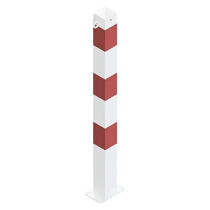 Schake Sperrpfosten - L x B x H: 70 x 70 x 900 mm, Stahl, Aufdübeln, Weiß/Rot, 2 Ösen - Absperrpfosten in Weiß und Rot. Der Pfosten hat eine quadratische Form und ist mit einem Ring an der Oberseite versehen.