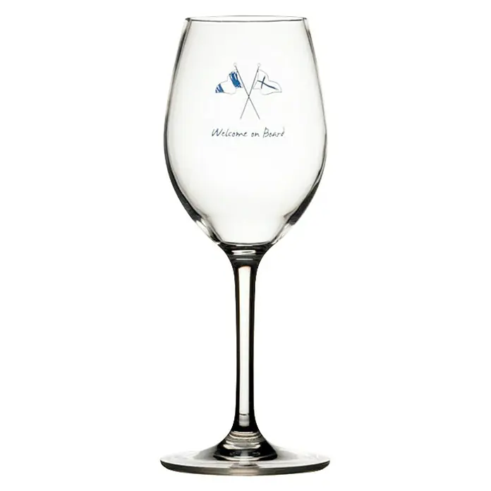 Marine Business Welcome on Board Copa de vino - 6 ud., Plástico, Transparente - Elegante copa de vino con diseño "Welcome on Board". Esta copa con estilo está adornada con banderas cruzadas y letras, perfecta para ocasiones náuticas.