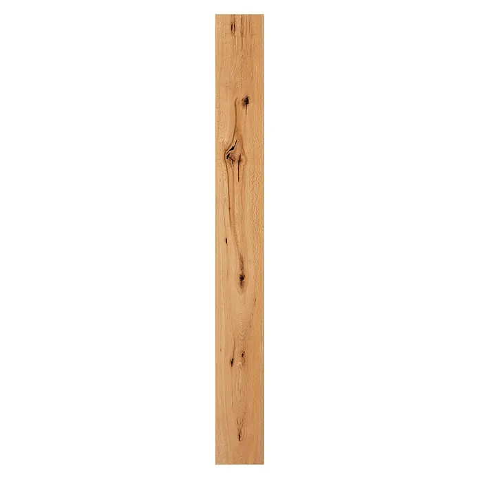 Parkettmuster Eiche Hotel - 280 x 160 x 15 mm, Landhausdiele - Ein einzelnes Brett aus hellem Holz mit sichtbaren Astlöchern und Maserung. Ideal für rustikale Möbelprojekte.