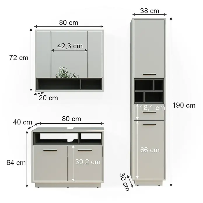 Vicco Badmöbel-Set Beatrice Grau 3 Teile, mit Hochschrank - Gesamtbreite Badmöbel: 118 cm, Grau, Matt