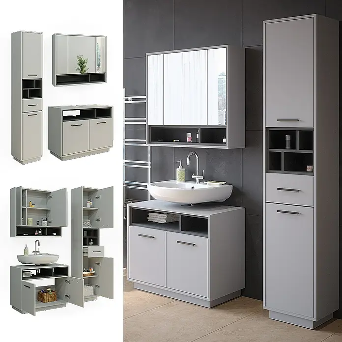 Vicco Badmöbel-Set Beatrice Grau 3 Teile, mit Hochschrank - Gesamtbreite Badmöbel: 118 cm, Grau, Matt