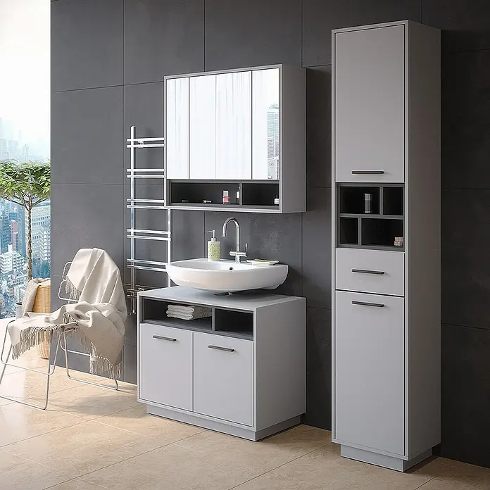 Vicco Badmöbel-Set Beatrice Grau 3 Teile, mit Hochschrank - Gesamtbreite Badmöbel: 118 cm, Grau, Matt