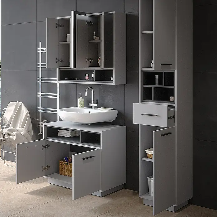 Vicco Badmöbel-Set Beatrice Grau 3 Teile, mit Hochschrank - Gesamtbreite Badmöbel: 118 cm, Grau, Matt