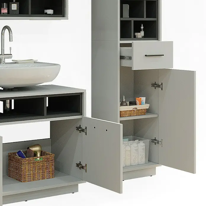 Vicco Badmöbel-Set Beatrice Grau 3 Teile, mit Hochschrank - Gesamtbreite Badmöbel: 118 cm, Grau, Matt