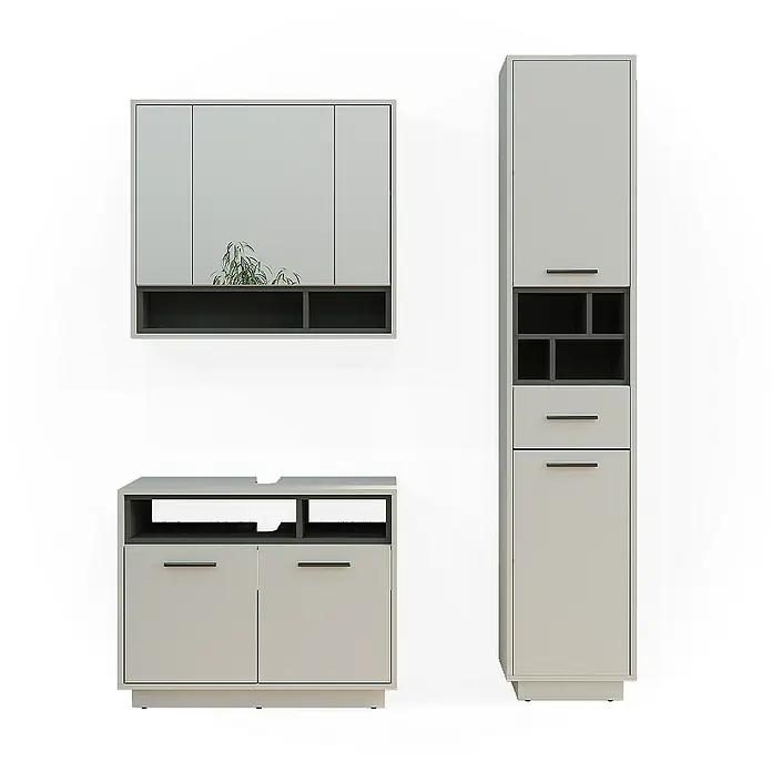 Vicco Badmöbel-Set Beatrice Grau 3 Teile, mit Hochschrank - Gesamtbreite Badmöbel: 118 cm, Grau, Matt
