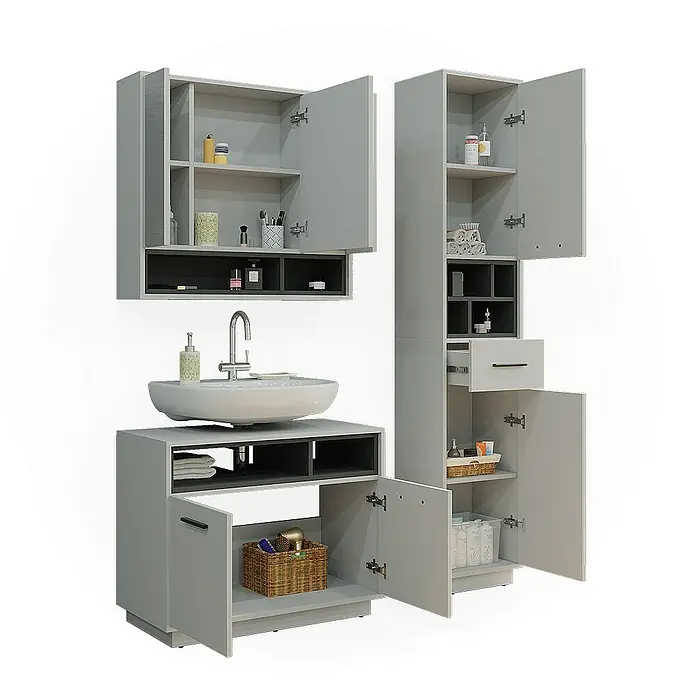 Vicco Badmöbel-Set Beatrice Grau 3 Teile, mit Hochschrank - Gesamtbreite Badmöbel: 118 cm, Grau, Matt