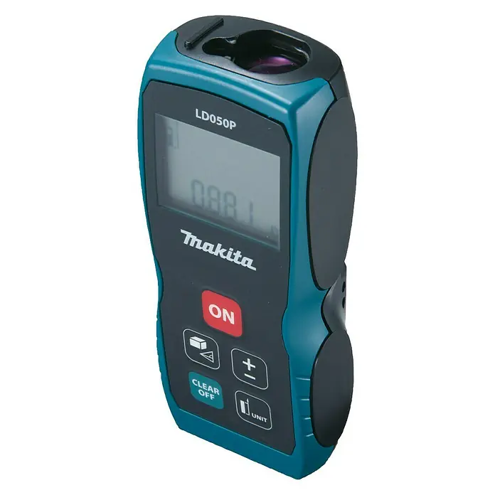 Makita Laserentfernungsmesser LD050P - Messbereich: 0,05 - 50 m - Nahaufnahme eines Makita LD050P Laser-Entfernungsmessers mit gut sichtbarem Display und Bedienelementen.