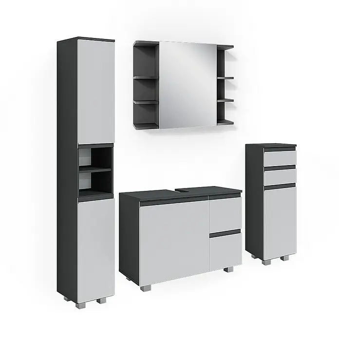 Vicco Badmöbel-Set J-Shape Anthrazit 4 Teile - Gesamtbreite Badmöbel: 140 cm, Anthrazit, Matt